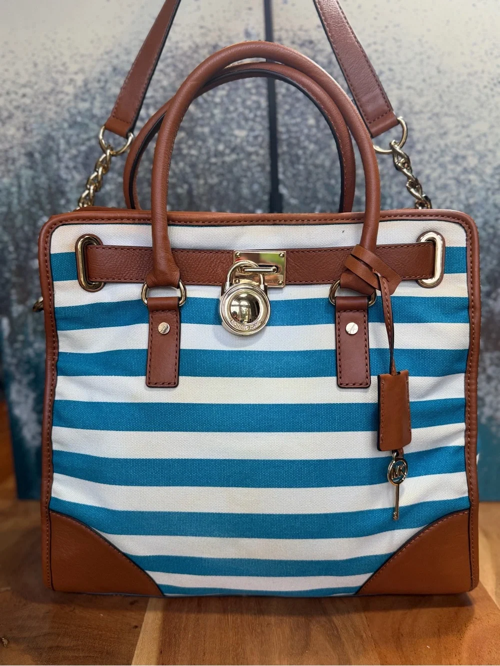 Michael Kors Nautical 2010s Hamilton Large  Canvas Tote Blue White Tote (Fair)